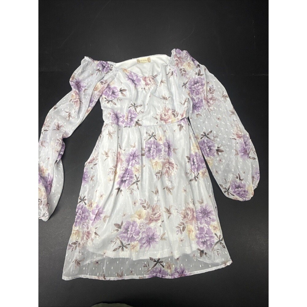 Altar'd State Purple Floral Mini Sz S Chiffon Off The Shoulder Lantern Sleeve